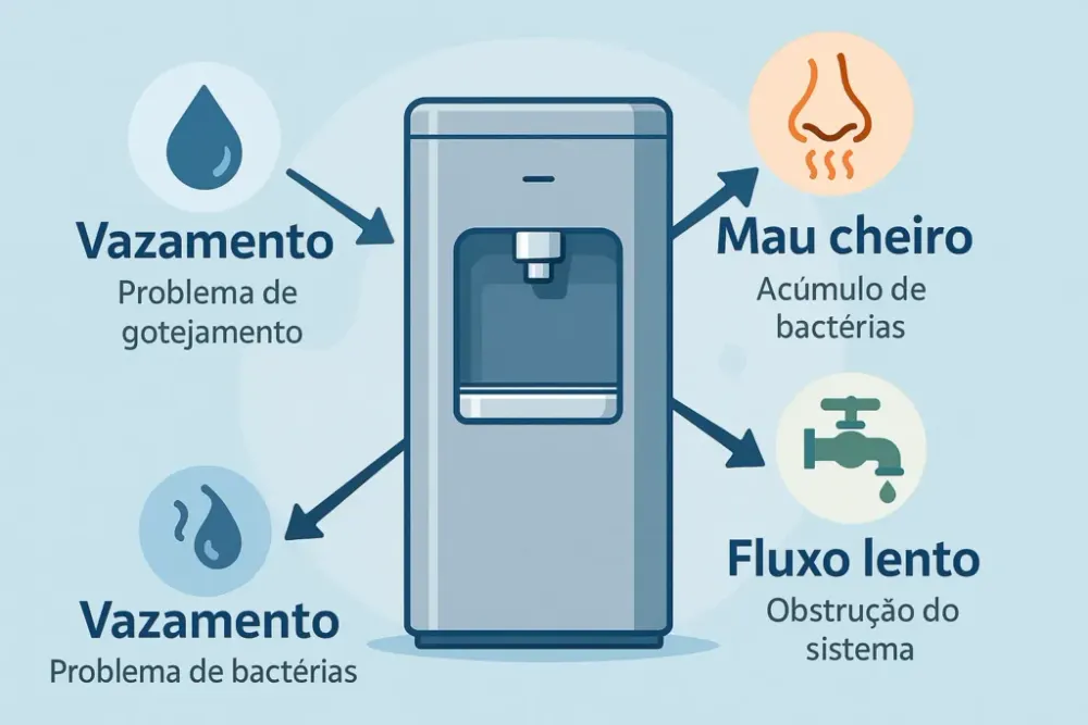 Infográfico com as principais falhas de bebedouros: vazamento, mau cheiro e fluxo lento